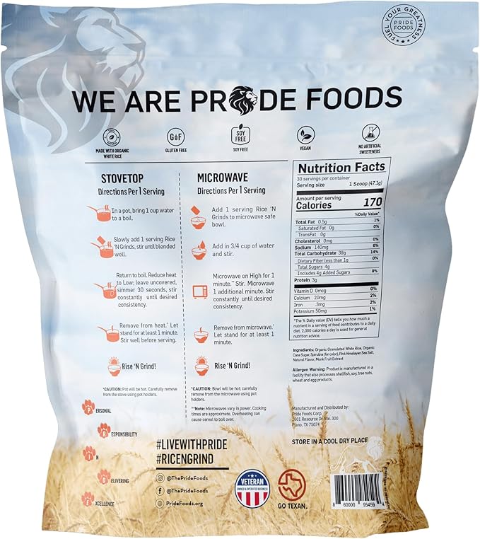 Pride Foods est 2018 Rice 'N Grinds, 100% Natural Hot Rice Cereal, 30 Servings,