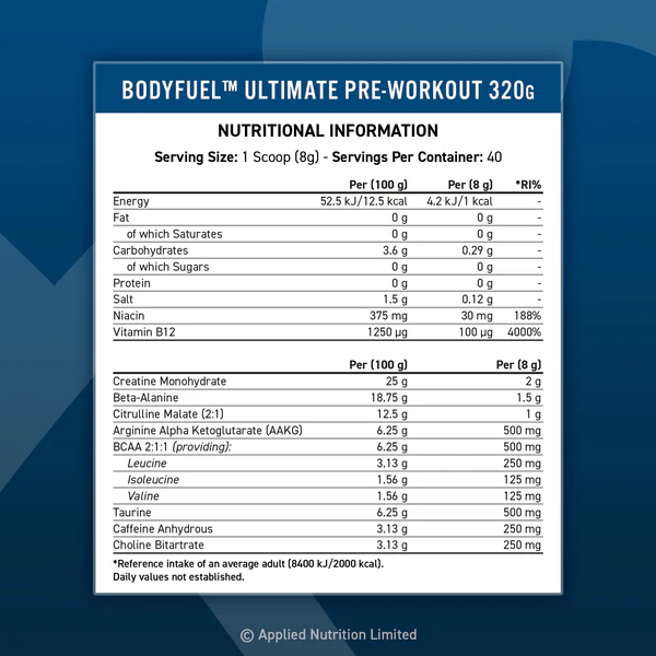 BodyFuel™ Ultimate Pre-Workout Blue raspberry 320g (40 Servings)
